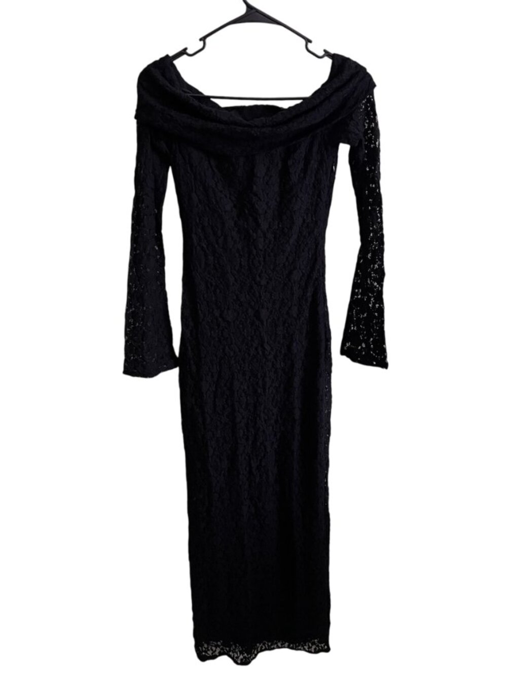 ZARA Black Lace Midi Dress Off Shoulder Foldover Neck Long Sleeve Small NWT Chic
